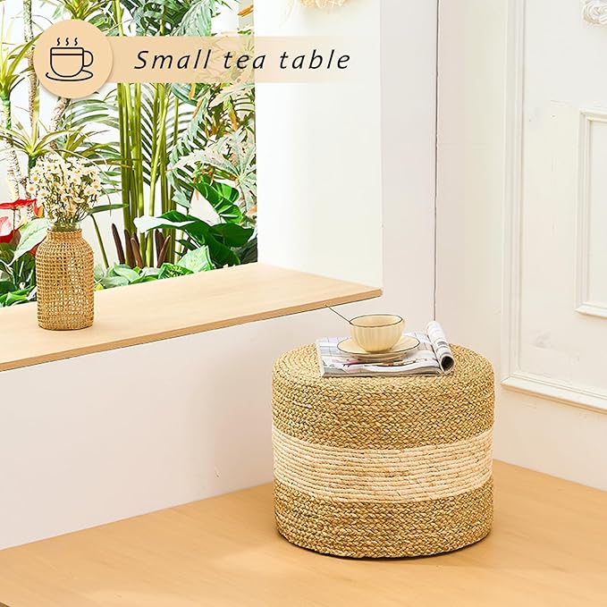 Handwoven Seagrass Ottoman Pouf, Round Outdoor Footstool with Sturdy Frame, No Assembly Needed, Boho Accent Stool for Indoor & Outdoor Use – Patio, Balcony, Living Room (Seagrass White)-Ruum Studio Home