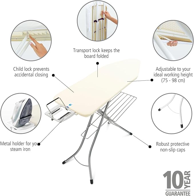 Brabantia Size C Ironing Board (49 x 18in) 7 Height Options, Adjustable Steam Iron Rest Holder & Linen Rack (Ecru) Non-Slip Feet, Anti-Collapse Child Locks-Ruum Studio Home