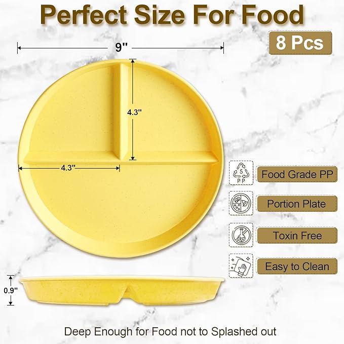 Divided Plates for Adults (8 Packs), Unbreakable Portion Control Plate Sectioned with Dividers, 9 Inch Plastic Food Separator Dinner Plates Lightweight Compartment BPA Free Reusable Microwave Safe-Ruum Studio Home