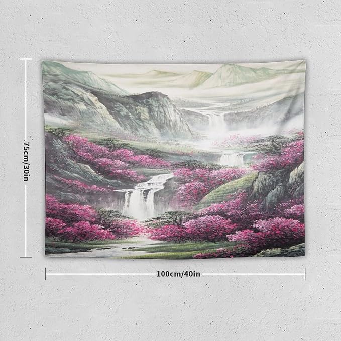 Japanese Tapestry, Red Plum Blossom Mountain, Nature Landscape, Bedroom Living Room Decor, 40"x30"-Ruum Studio Home