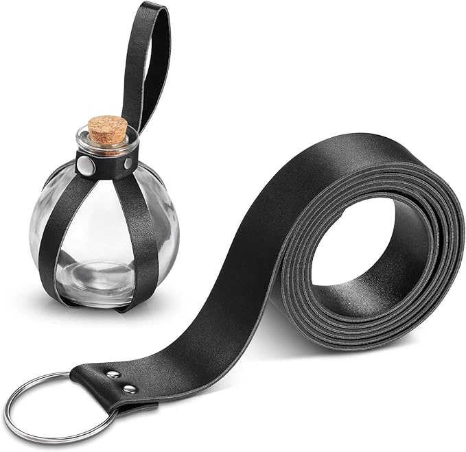 Boao Potion Bottles with Cork Set Dark Magic Cork Round Potion Bottle with Leather Belt Clear Glass Large for Halloween Costume Props DIY Crafts Decorative, 200 ml(Black)-Ruum Studio Home