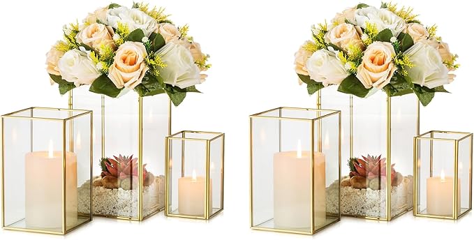 Glass Hurricane Candle Holder Large - Hewory 6pcs Gold Rectangle Flower Holders Centerpiece for Table, Tall Floor Square Pillar Candle Lantern for Wedding, Anniversary, Party, Fireplace, Dining Room-Ruum Studio Home
