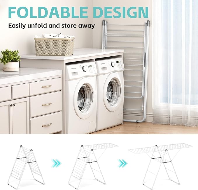 APEXCHASER Clothes Drying Rack, Oversized Drying Rack Clothing with Height-Adjustable, Foldable Gullwings Metal Laundry Rack, Indoor Outdoor Use, No Assembly, White-Ruum Studio Home