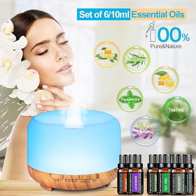 YIKUBEE Oil Diffuser with Essential Oils Set, 500ml Diffuser, 6x10mL Essential for diffusers for Home, Aromatherapy Humidifier, Diffusers for Essential Oils Large Room-Ruum Studio Home