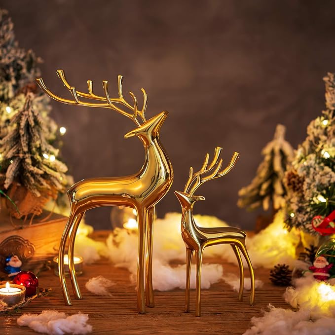Sziqiqi Reindeer Figurine Statues Deluxe Set of 2, Christmas Deer Pure Copper Heavy Reindeer Ornaments for Home Decor Accents Living Room Office Bookself Tabletop Mantle Christmas Decoration, Gold-Ruum Studio Home
