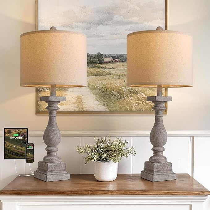 BOBOMOMO 27" Farmhouse Table Lamps with USB-A +C Ports, Vintage Rustic Lamps for Living Room, Linen Shade, Retro Side Table Lamps Set of 2 for Living Room,Bedroom,Night Stands,Office, Home Decor-Ruum Studio Home