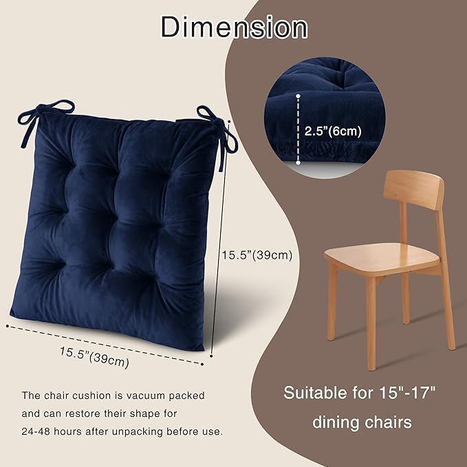 OVOV Chair Cushions for Dining Chairs Set of 6 Tufted Indoor Chair Pads with Ties Soft Square Seat Cushions for Kitchen Chairs 15.5"x15.5",Navy-Ruum Studio Home