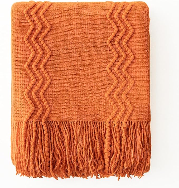 MIULEE Burnt Orange Knitted Throw Blanket for Couch Boho Textured Cozy Woven Blanket with Tassels for Sofa Chair Bed Living Room Fall Home Decor Farmhouse Acrylic Wave Pattern 50"x60"-Ruum Studio Home