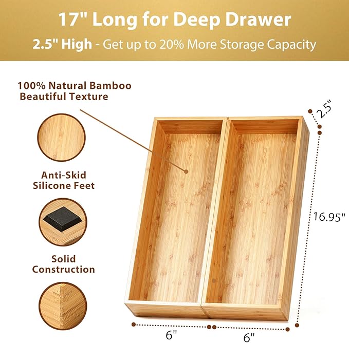 Umilife Bamboo Kitchen Utensils Organizer, Extra Long High Silverware Drawer Holder, Flatware Cutlery Storage Box, Multi-Use Drawer Divider in Office, Bathroom, Pantry - 17"x6"x2.5" (Set of 2)-Ruum Studio Home