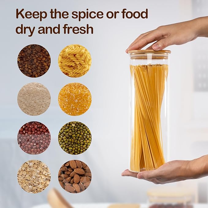 70oz Straight cylindrical Airtight Storage Jars with Bamboo Lid Set of 3 Storage Container Glass Jars, Kitchen Canister for Noodles, Pasta and Coffee beans (‎with Black Lable)-Ruum Studio Home