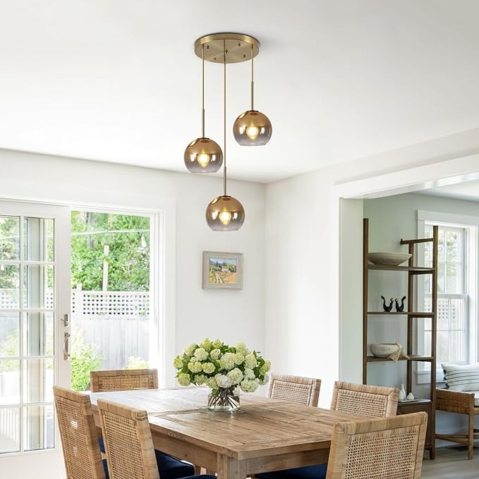KCO Lighting 3 Light Globe Cluster Pendant Light Modern Glass Cluster Chandelier Gold Glass Pendant Light Fixture Mid Century Dining Room Chandelier Multi Pendant Light Fixture-Ruum Studio Home