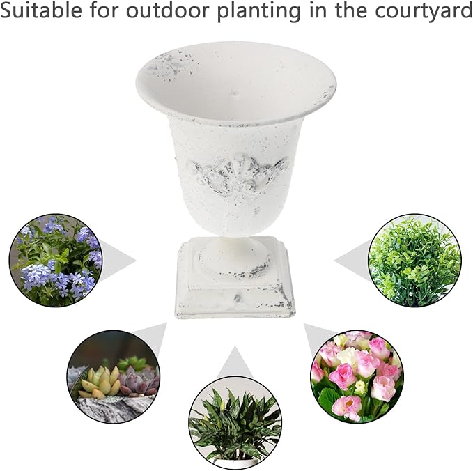 POPETPOP Tall Urn Vase Retro White Metal Urn Planter Pedestal Flower Pot Rustic Farmhouse Flower Holder for French Country Style Home Table Centerpiece Decor，5.9x5.9x7.47 inches-Ruum Studio Home