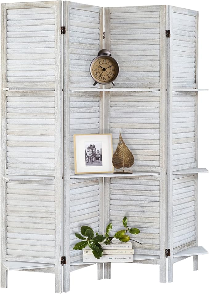 Room Divider with Shelves, Privacy Screen, Room Dividers and Folding Privacy Screens, 4 Panel Wood Temporary Wall Partition Separation Separator, Coconut-Ruum Studio Home
