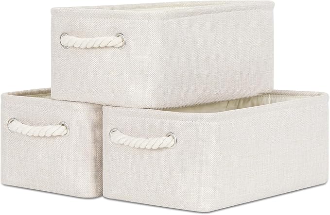 Bidtakay Small Storage Bins for Shelves 3 Pack Fabric Storage Baskets for Organizing 12x8x5 Inch Closet Storage Bins Linen Collapsible Organizer for Closet-Light Biege-Ruum Studio Home