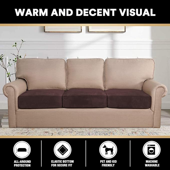 PrinceDeco Velvet Couch Cushion Covers 3 Pieces Velvet Separate Couch Cover Stretch Sofa Slipcover Washable Furniture Protector for Sectional Sofa Each Width Up to 40", Brown-Ruum Studio Home
