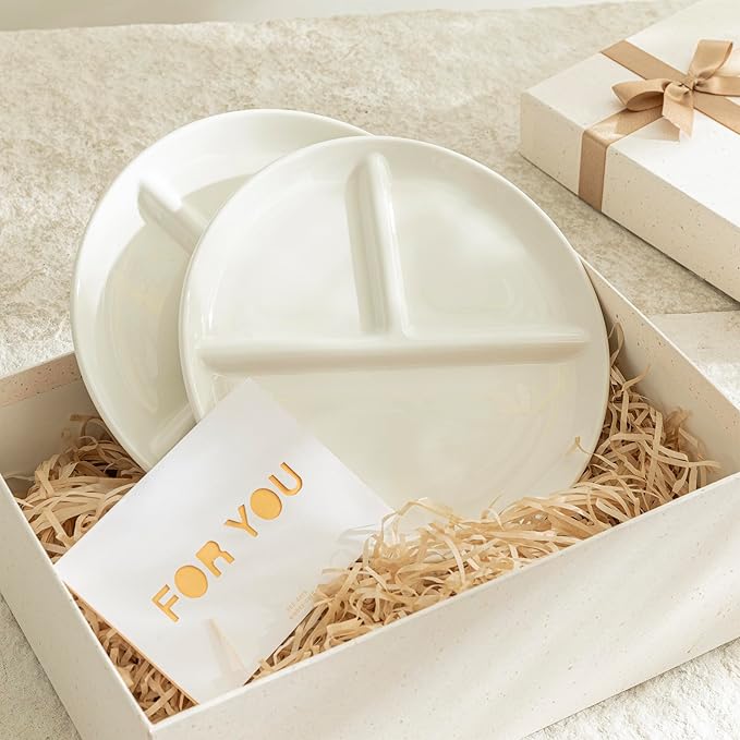 Sweese Porcelain Division Dinner Plates Set of 2, 9 Inch Divided Plates for Adults, Balanced Meal Building - White-Ruum Studio Home