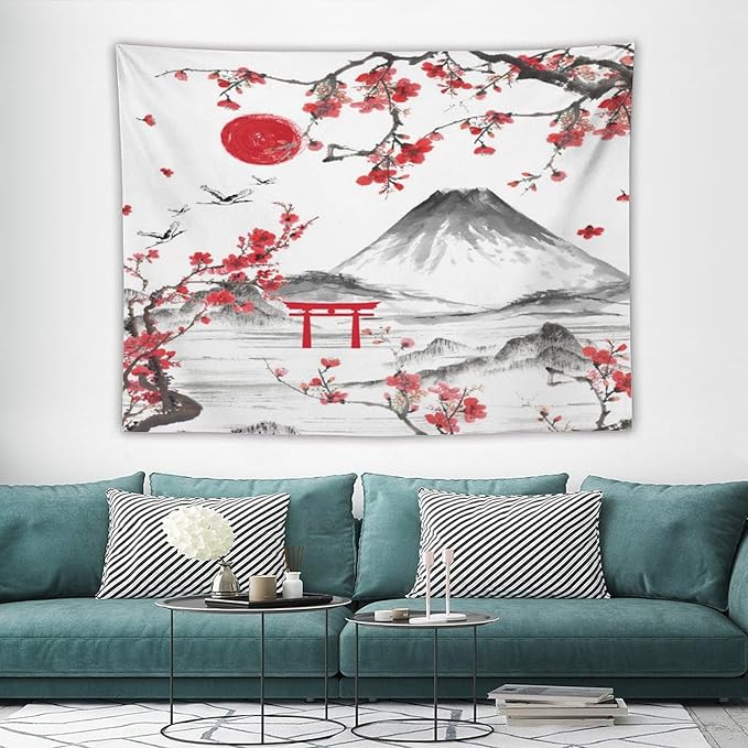 Red Cherry Blossoms Tapestry, Japanese Fuji Mountain Tapestry, Asian Japanese Wall Tapestry, Nature Landscape Tapestries for Bedroom Living Room Decor 80"x60"-Ruum Studio Home