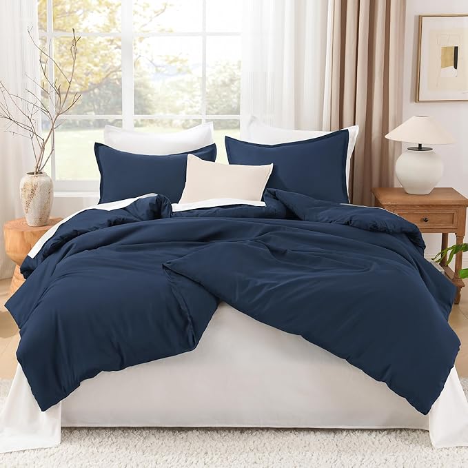 Litanika Navy Blue Comforters Oversized Queen Size, 3 Pieces Lightweight Solid Bedding Comforter Set, All Season Fluffy Bed Set (98x98In Comforter & 2 Pillowcases)-Ruum Studio Home