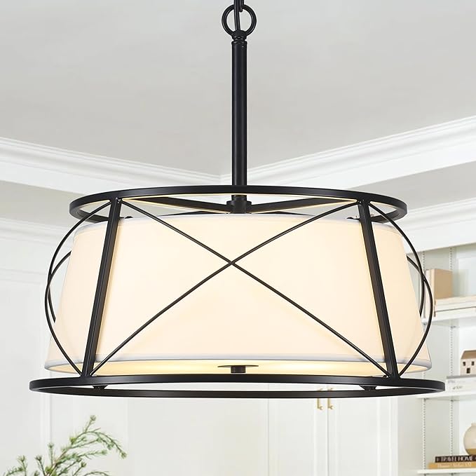 15.7" Black Drum Chandelier,3-Light Modern Farmhouse Chandelier,White Fabric Drum Shade Pendant Light Fixture for Dining Room Kitchen Island Bedroom Entryway-Ruum Studio Home