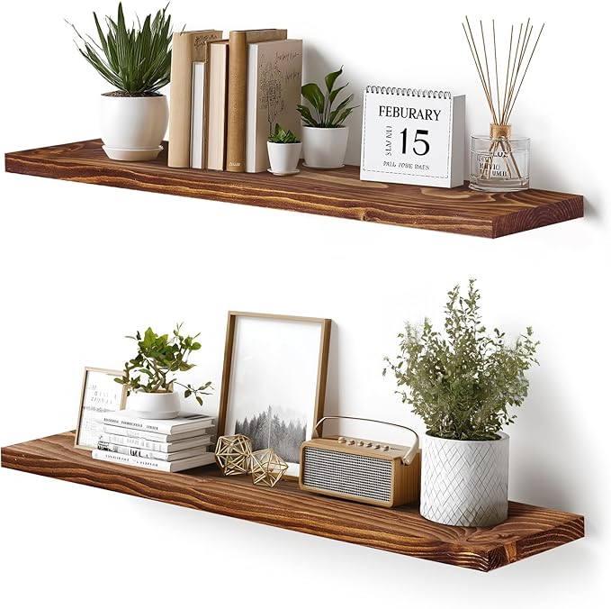 Floating Wall Shelves 2-Pack - 36-Inch Rustic Brown Wooden Shelves for Storage and Décor, Easy Installation for Living Room, Bedroom, and Kitchen-Ruum Studio Home