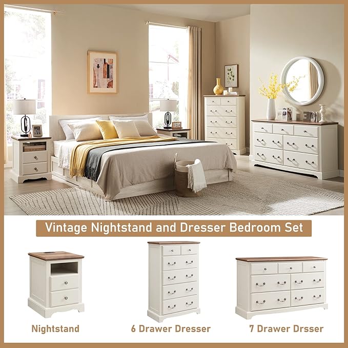 T4TREAM 7 Drawers Dresser Chests for Bedroom, Wood Vintage Chests of Drawers, Rustic Dressers Chset Organizer for Bedroom, Living Room, Hallway, Antique White-Ruum Studio Home