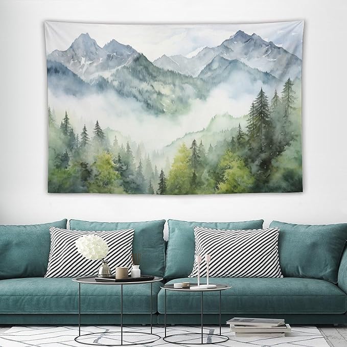 HZOHNAGO Mountain Tapestry Misty Green Forest Mountain Pattern Printed Wall Tapestry Wall Hanging for Bedroom Living Room Dorm 60" W x 40" H-Ruum Studio Home