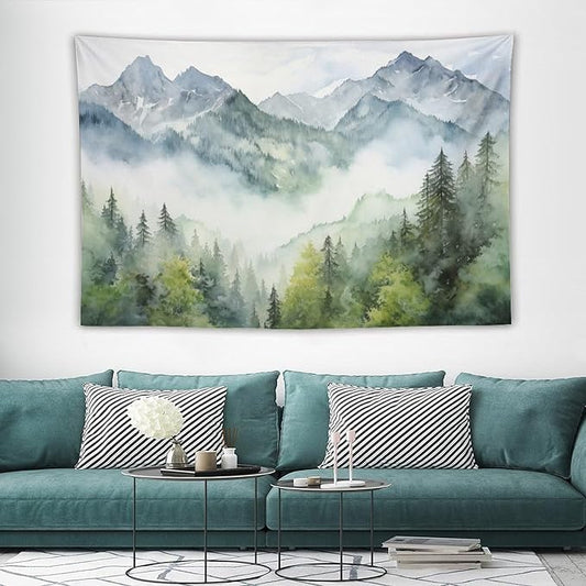 HZOHNAGO Mountain Tapestry Misty Green Forest Mountain Pattern Printed Wall Tapestry Wall Hanging for Bedroom Living Room Dorm 60" W x 40" H-Ruum Studio Home