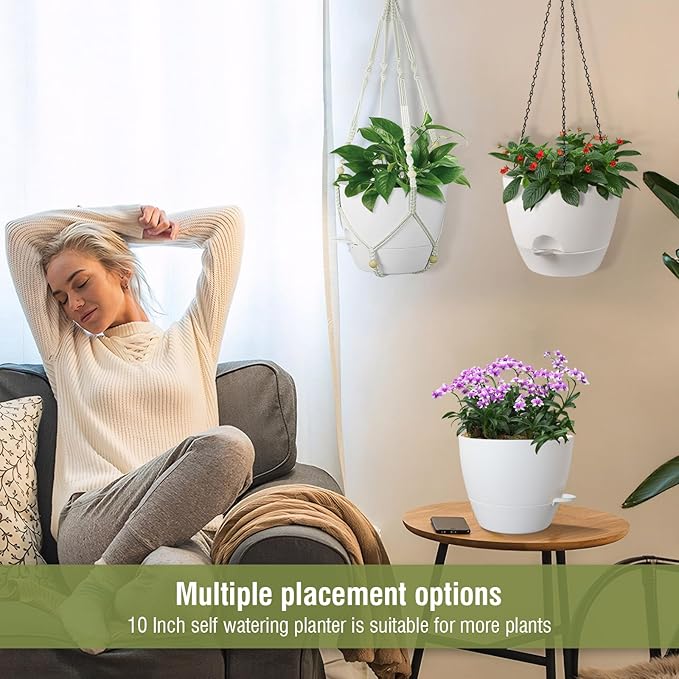 10 inch Self Watering Hanging Planters, 2 Pack Hanging Flower Pots for Indoor Outdoor Plants, Hanging Baskets with Drainage Holes & 2 Kinds of Plant Hangers for Garden Home Decor, White-Ruum Studio Home
