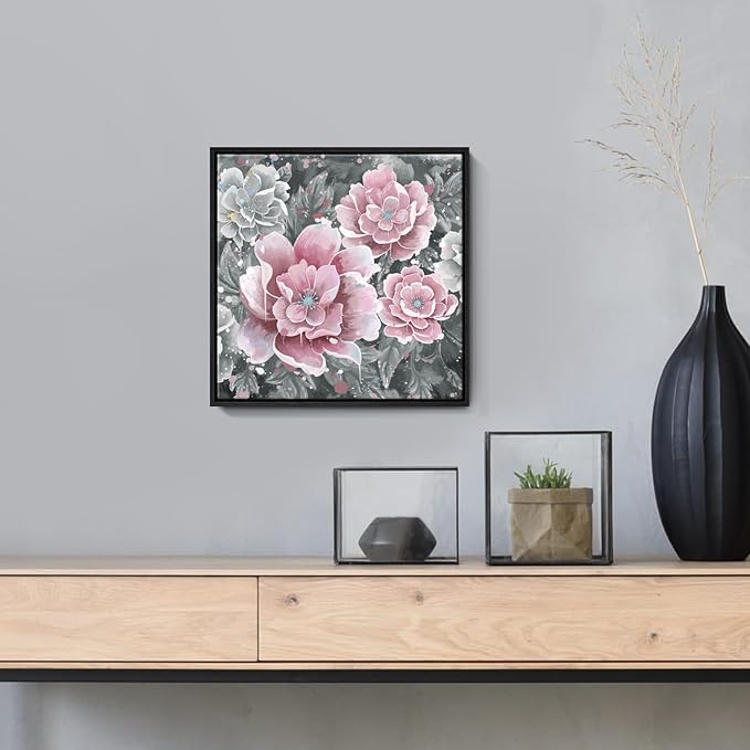 Pink Wall Art Bathroom Décor Modern Framed Floral Wall Picture Black and White Artwork Peony Flower Canvas Print for Bedroom Office Dining Room Décor Small-Ruum Studio Home