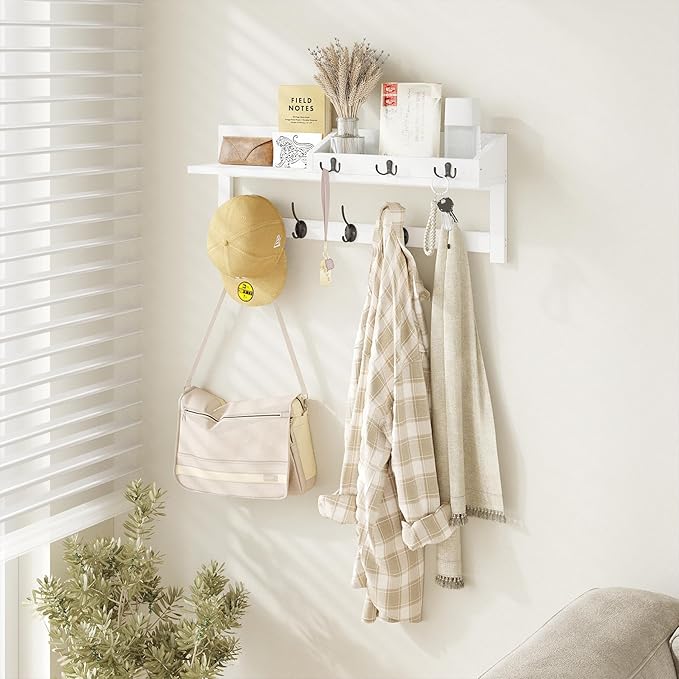 AMBIRD 26.57-Inch Wall Hanging Shelf With Coat Hooks - Entryway Wood Rack With 5 Dual Hooks, 3 Key Hooks, Mail Organizer and Key Holder (White)-Ruum Studio Home