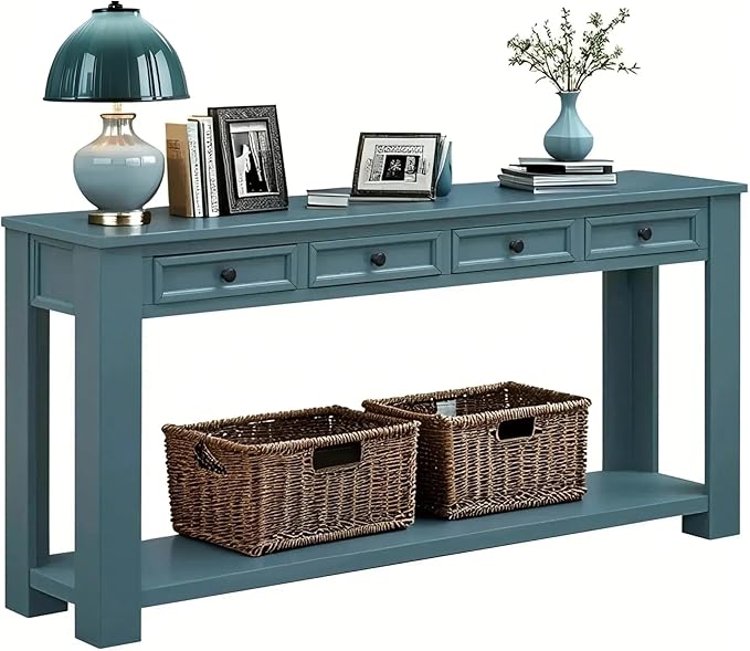 Solid Wood Console Table,63 in Long Sofa Table Entryway Table with 4 Drawers and Bottom Shelf for Hallway Living Room Couch Table,Fully Assembled (63" Dark Blue)-Ruum Studio Home