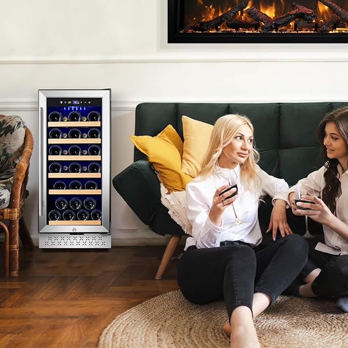 15 Inch Wine Fridge 32 Bottles Wine Cooler Refrigerator Undercounter Wine Fridge with Glass Door, LED Light, Removable Wooden Shelves, Built-in or Freestanding Wine Refrigerator for Home Office Bar-Ruum Studio Home
