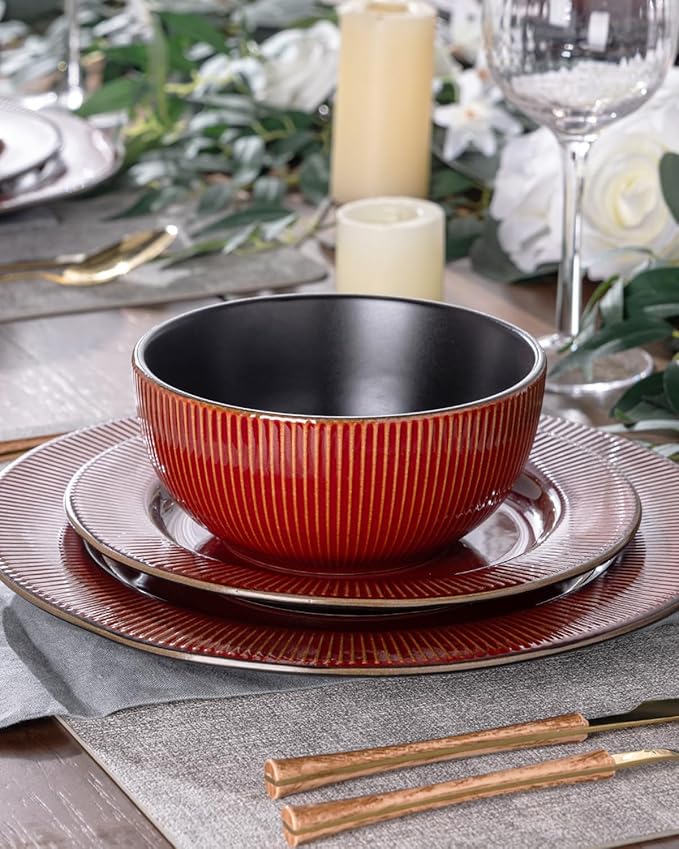 GBHOME Ceramic Dinnerware Sets,12 pcs Embossed Elegant Stoneware Plates and Bowls Sets, Housewarming Wedding Gift | Dishwasher & Microwave Safe | Dishes Set Service for 4-Ruum Studio Home