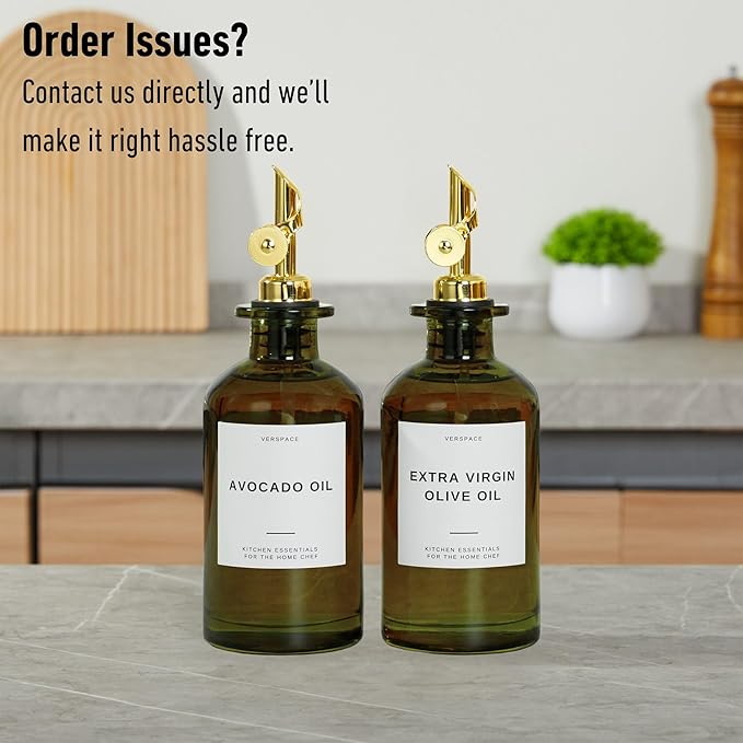 Green Glass Olive Oil Dispenser Bottle For Kitchen By Verpsace,Avocado Oil Dispenser Set, Modern Decor, Gold Kitchen Accessories for Home, Airbnb, Cafe (Gold, Set of 2)-Ruum Studio Home