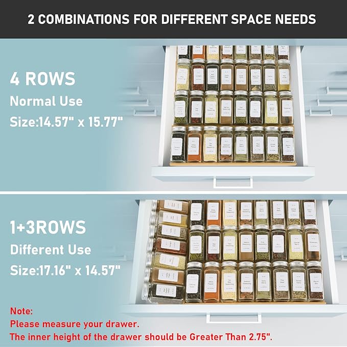 Spice Drawer Organizer with 28 Spice Jars,216 Labels,25 Non-slip Rubber, Bamboo 4 Tier Seasoning Rack Tray Insert for Kitchen Drawers,Cabinets,Countertop,14.6" Wide x 15.8" Deep-Ruum Studio Home