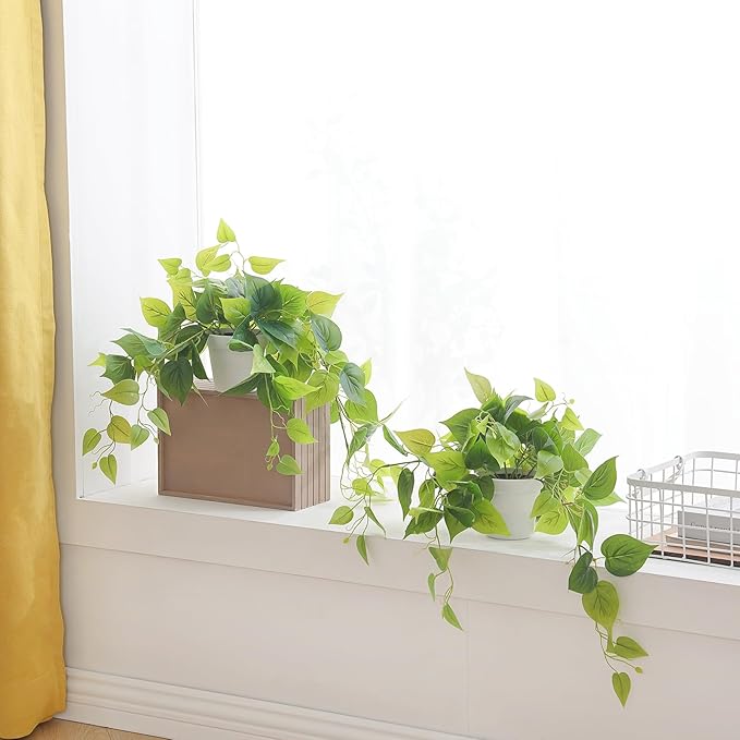 Tiita 2 Pack Fake Plants Artificial Scindapsus Aureus in Pots, Realistic Fake Greenery Potted Plants for Home Office Desk Window Sill Bathroom Bedroom Outdoor Indoor-Ruum Studio Home