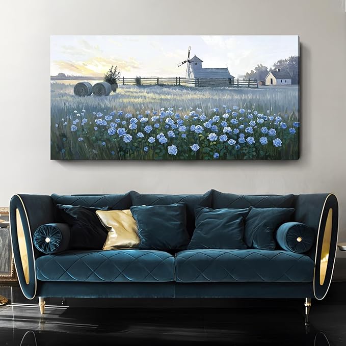 amatop Oversized Farmhouse Wall Art – Botanical Picture Flower Blue Rose & Windmill Countryside Scene Canvas Print, Large Floral Landscape Artwork Decor for Living Room Dining Room Hallway 58x29 Inch-Ruum Studio Home