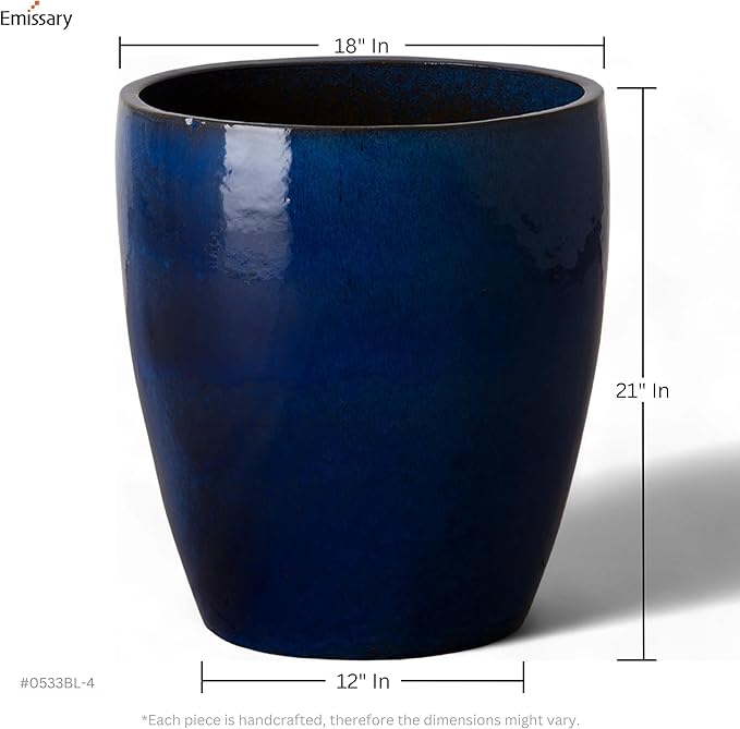 Emissary Bullet 18 in. Blue Ceramic Round Planter (18 in. L x 18 in. W x 21 in. H) with Drainage Hole-Ruum Studio Home