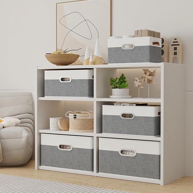 Yawinhe Fabric Storage Bins with Handles, Foldable Baskets for Shelves, Cubes with 3 Handles, Large Boxes for Clothes, White/Grey, 16.9''Lx11.8''Wx10.2''H, 6-Pack-Ruum Studio Home