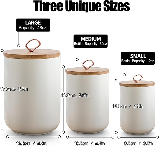 White Ceramic Canister Set with Wooden Lid, 3-Piece Food Storage Jars for Kitchen Counter, Storage Container for Coffee, Tea, Spice, Sugar, Grains, Salt-Ruum Studio Home