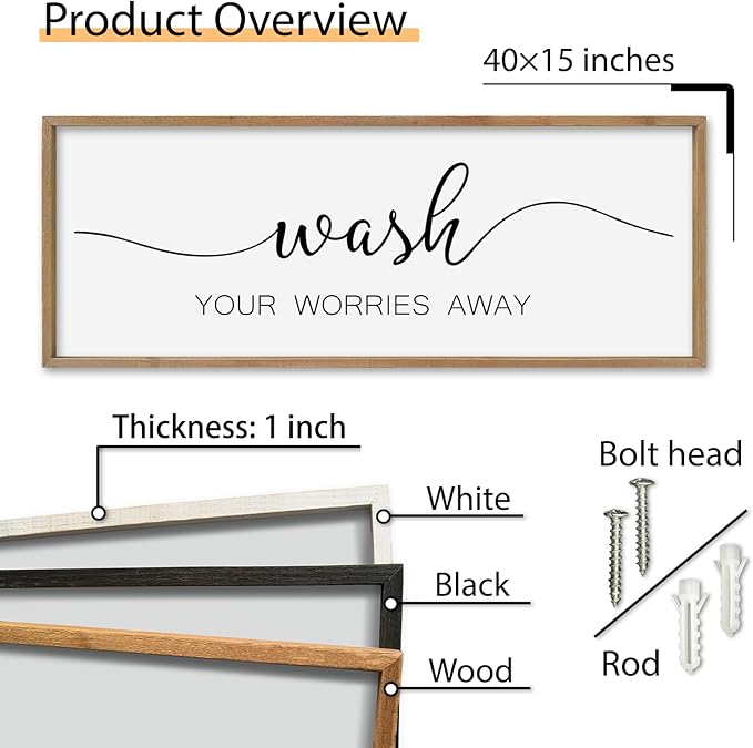 SRSZHIYUE Wash Your Worries Away Bathroom Sign Wall Art 40"x15" Funny Restroom Toilet Large Wood Framed Hanging Decor (Wood)-Ruum Studio Home