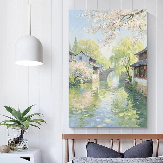 Small bridge stream house Jiangnan style landscape poster suitable for living room bedroom office natural oil painting poster-Ruum Studio Home