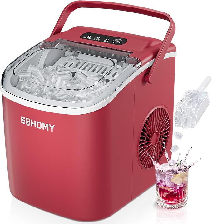 EUHOMY Countertop Ice Maker Machine with Handle, 26lbs Per Day, 9 Ice Cubes Ready in 6 Mins, Auto-Cleaning Portable Ice Maker with Basket and Scoop, for Home/Kitchen/Camping/RV (Red)-Ruum Studio Home
