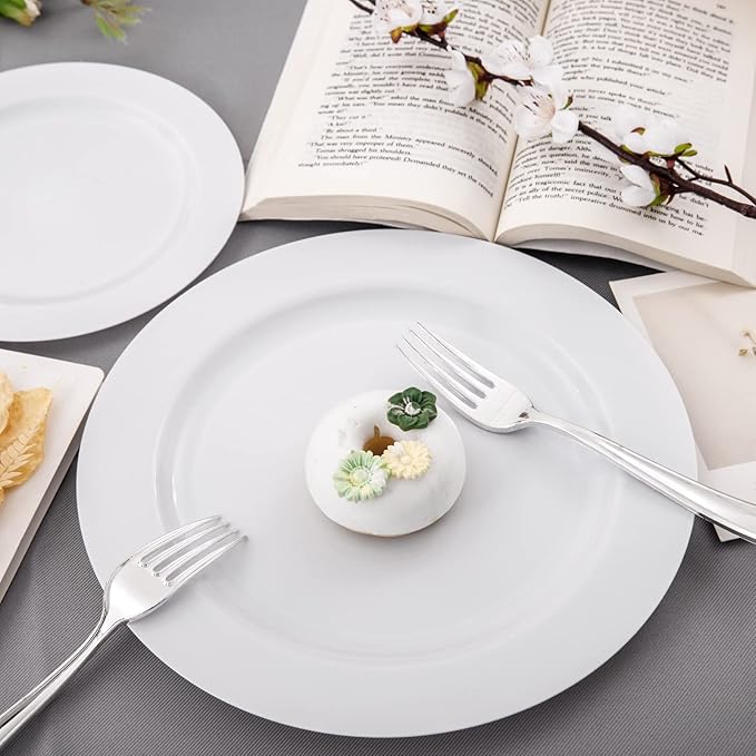 FLOWERCAT 60PCS White Plastic Plates - Heavy Duty White Disposable Plates for Birthday Party/Wedding -serve for 30 guests Include 30PCS 10.25" Dinner Plates & 30PCS 7.5" Dessert Plates for Party-Ruum Studio Home