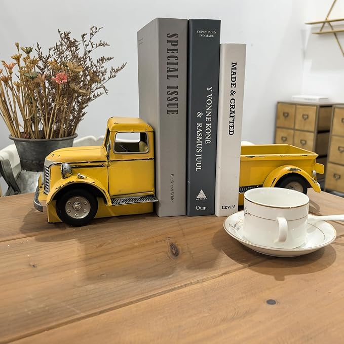 Decorative Book Ends Vintage Bookends: Metal Truck Book Stopper for Kid Books for Grandson Men Teen - Farmhouse Decor for Bookcase Shelf Table Coffee Bar Office Home Yellow-Ruum Studio Home
