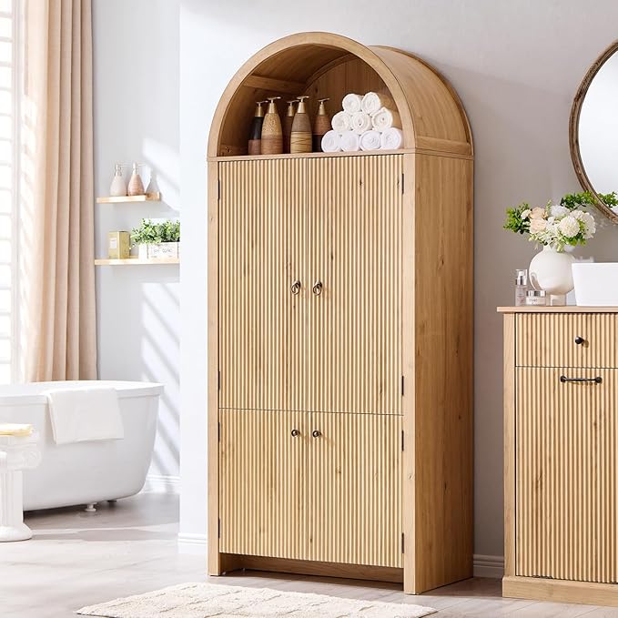 71" Tall Arched Bathroom Storage Cabinet, Modern Fluted Storage Cabinet w/Doors, 3 Adjustable Shelves, 6 Door Shelves, Wood Freestanding Cabinet for Bathroom, Entryway, Hallway, Natural-Ruum Studio Home