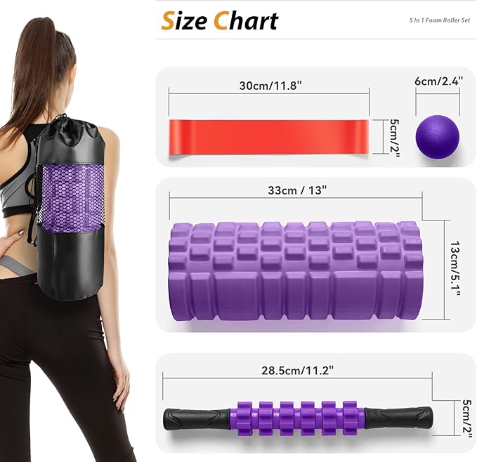5 in 1 Foam Roller Set for Deep Tissue Muscle Massage, High Density Trigger Point Fitness Patented Exercise Foam Roller, Massage Roller, Massage Ball, Resistance Band, for Whole Body(Purple)-Ruum Studio Home