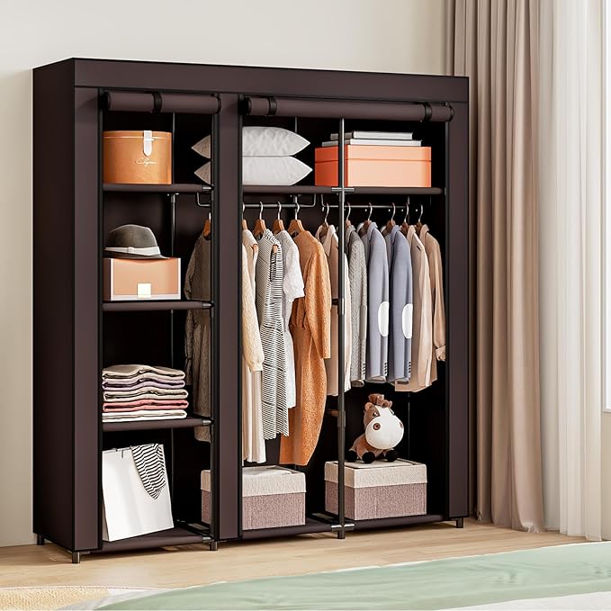 SORCEDAS Portable Wardrobe Closet Storage Organizer Metal Hanging Rack Non-Woven Fabric (Coffee, 51 Inch)-Ruum Studio Home