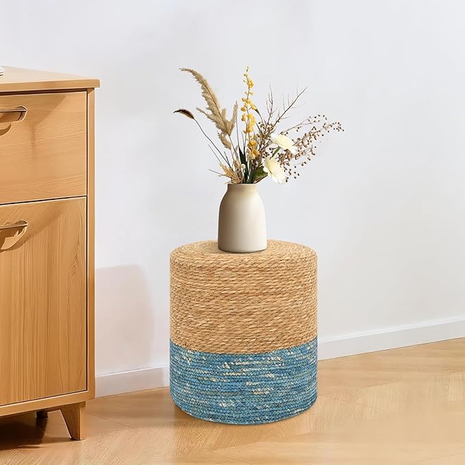 Pouf Ottomans, Handwoven Natural Straw Footstool, Round Braided Outdoor Patio Stool with Wood Frame, Boho Decor Accent Seat Balcony, or Garden (Blue)-Ruum Studio Home