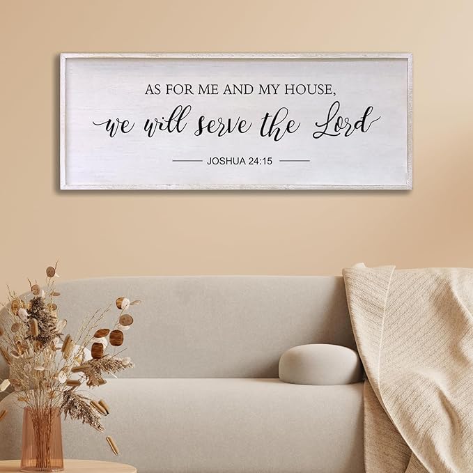 As for Me and My House We Will Serve the Lord Wall Decor - 32" x 12" Large Rustic Family Living Room Wood Framed Home Sign Joshua 24 15 Christian Bible Verse Plaque Hanging Wall Art(White)-Ruum Studio Home